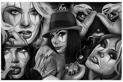 Medina Flash by Charlie Medina Tattoo Art Print Clown Face Sexy Woman