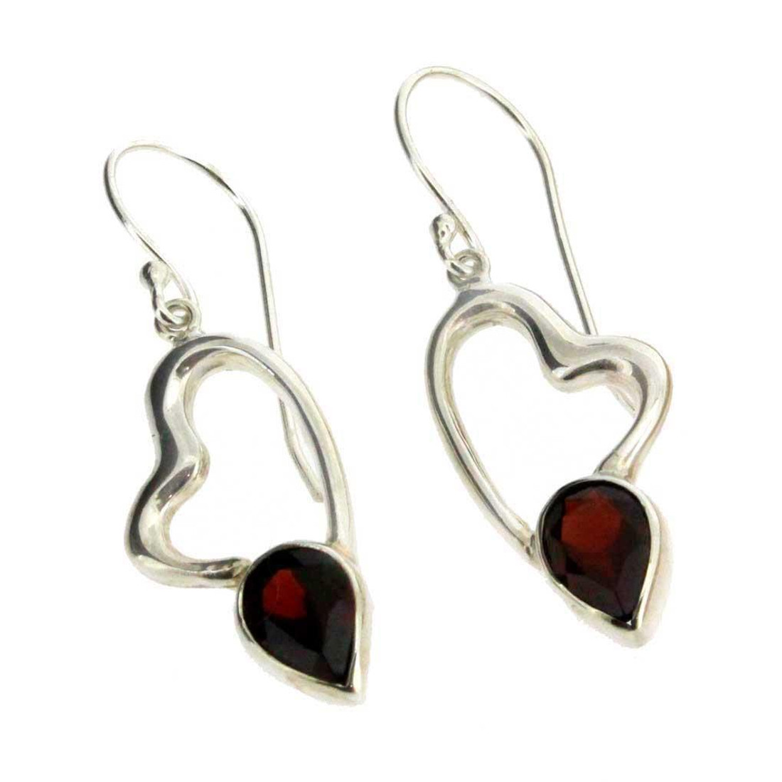 Red Garnet Heart Earrings Faceted Teardrop Dangle Sterling Silver