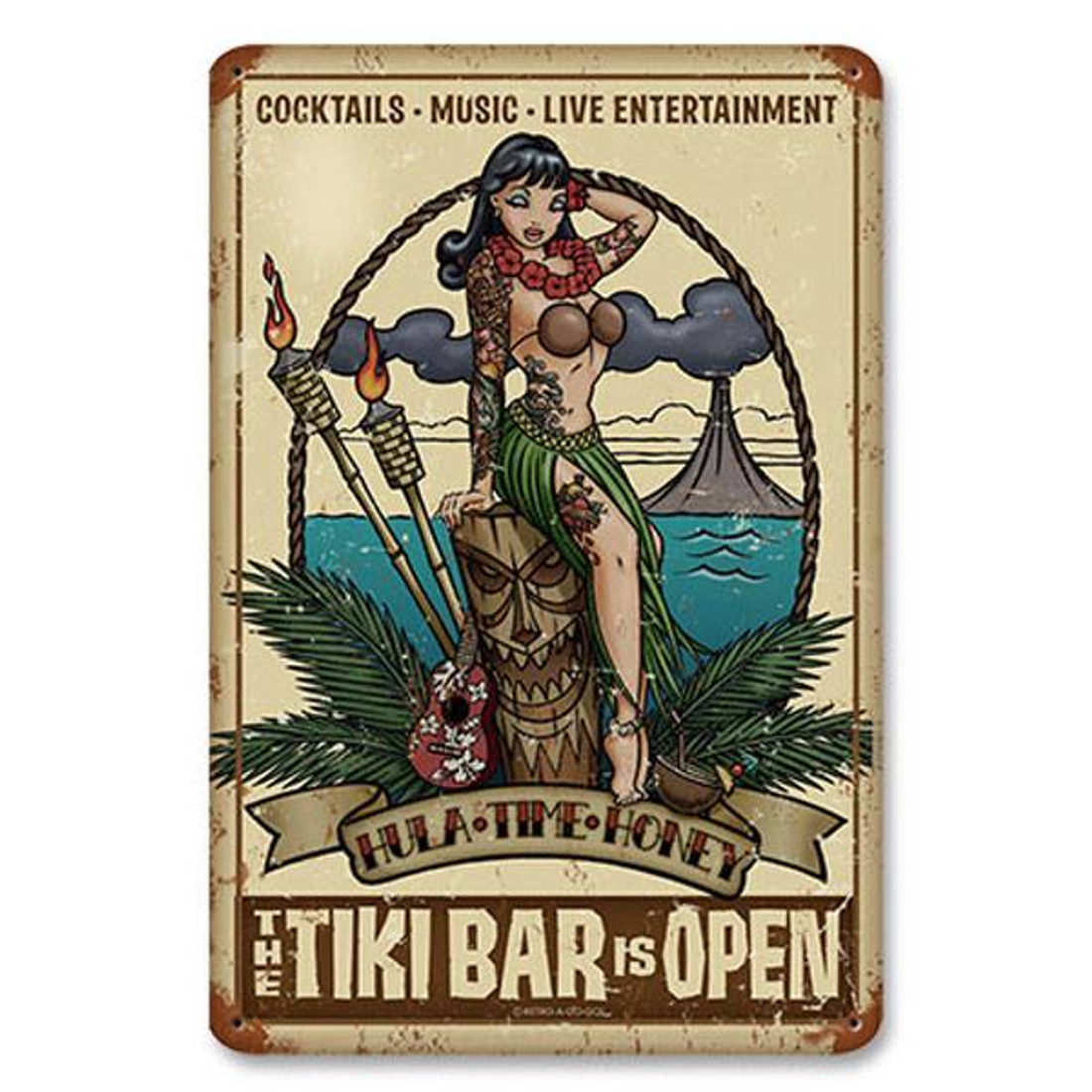 Tiki Bar Metal Sign Vintage Tattooed Hula Pin Up Girl by Retro A Go Go