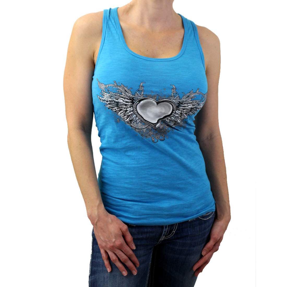 Turquoise blue racerback tank top with heart and wings.