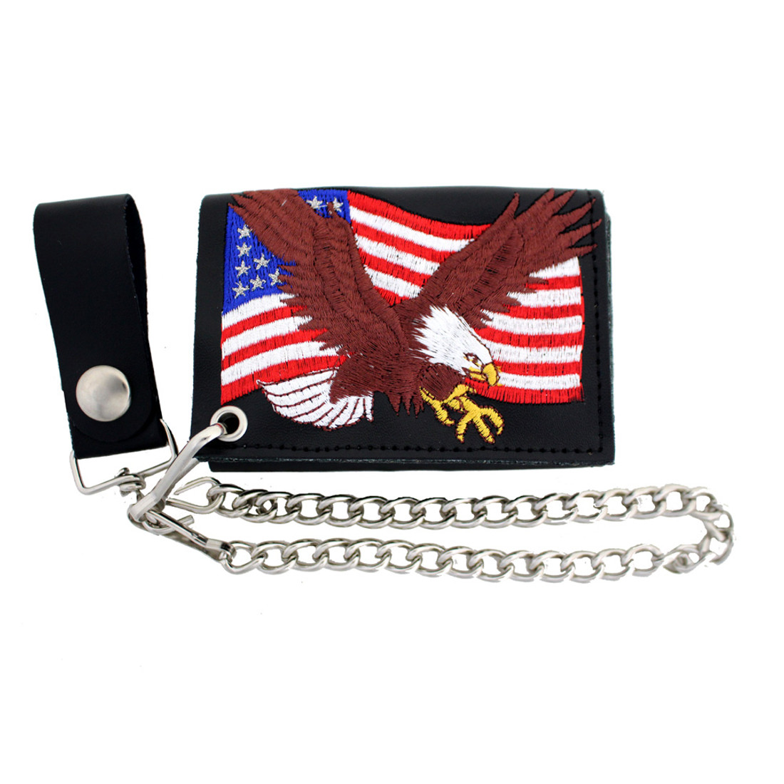 Eagle and American Flag embroidered on black leather trifold wallet.