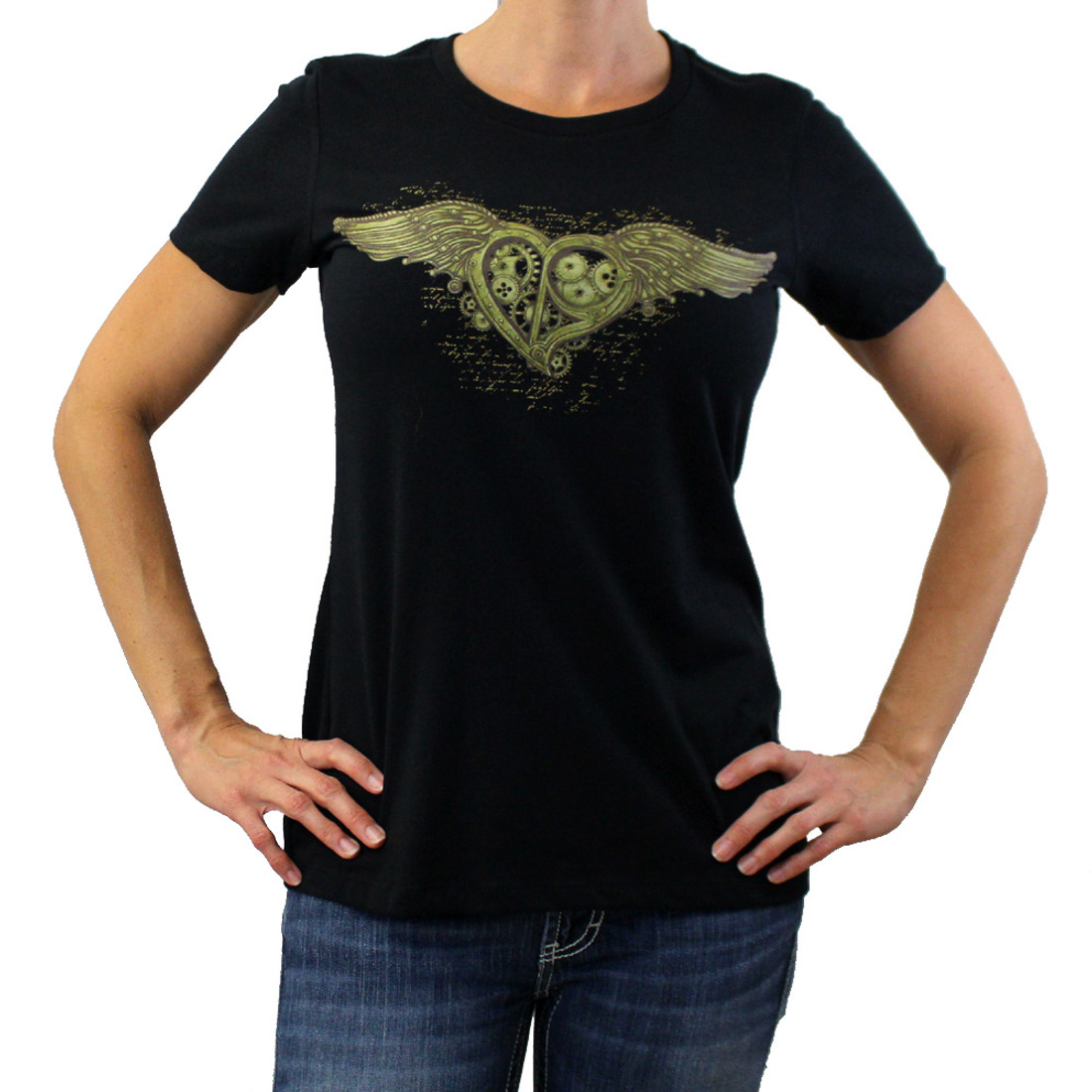 Black t-shirt with steampunk heart and wings.