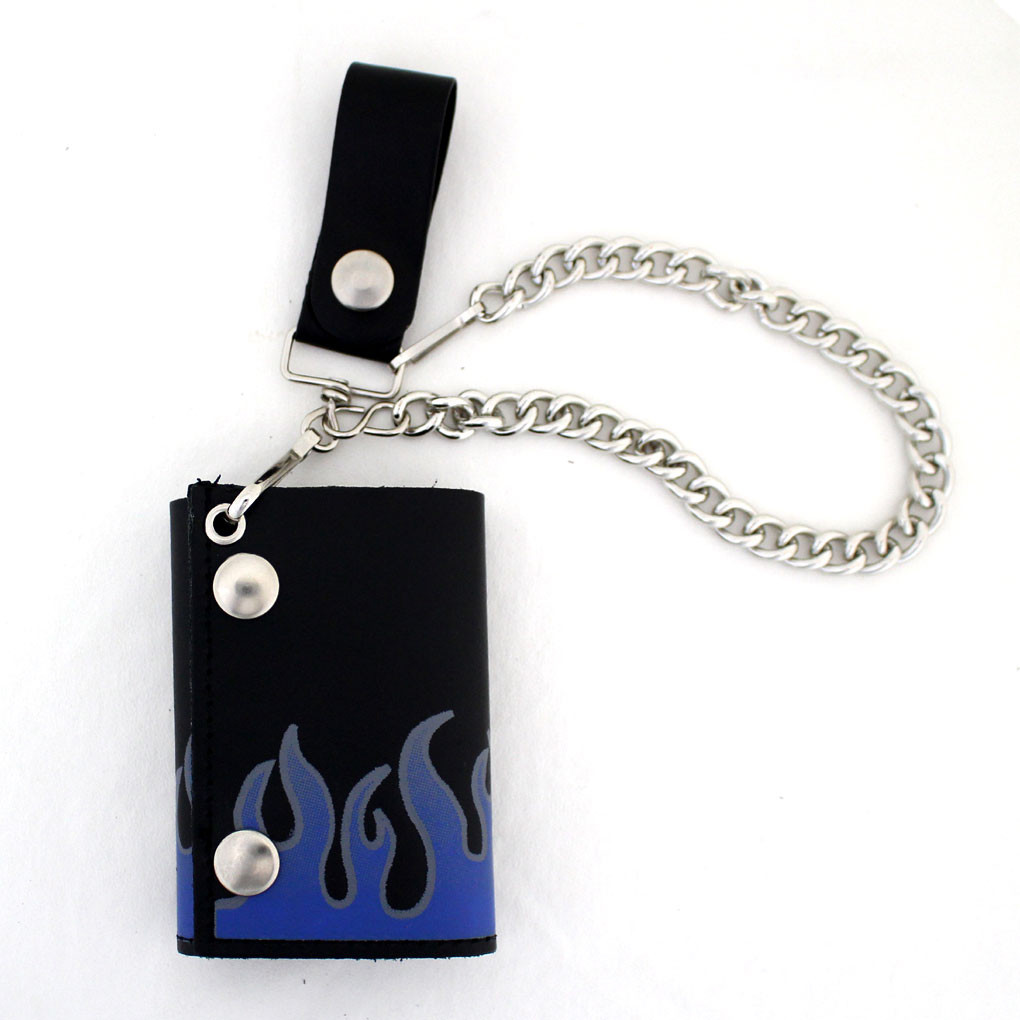 Blue flame leather wallet with chain.