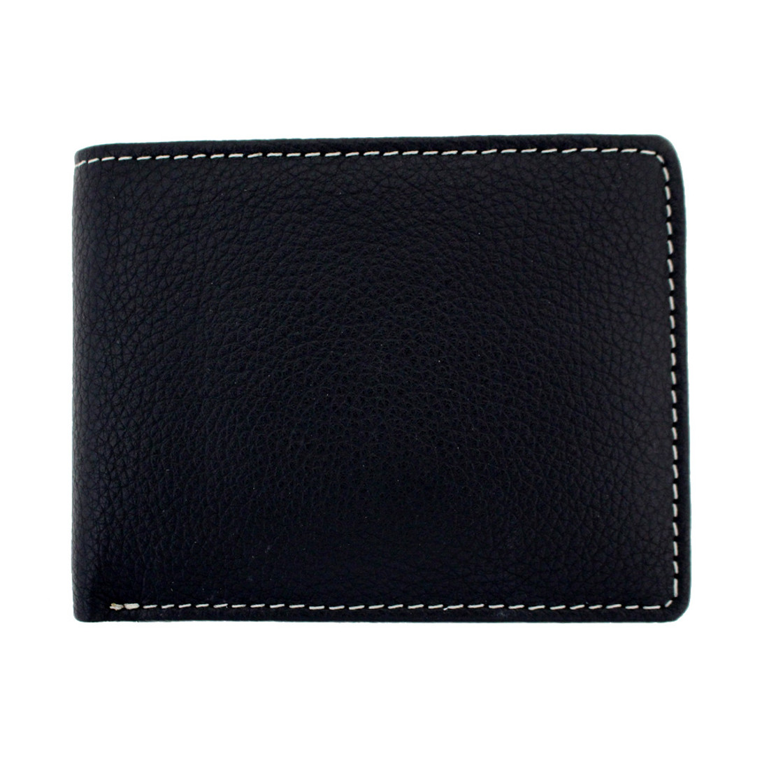 Black textured leather bi-fold with white stitching around edge.