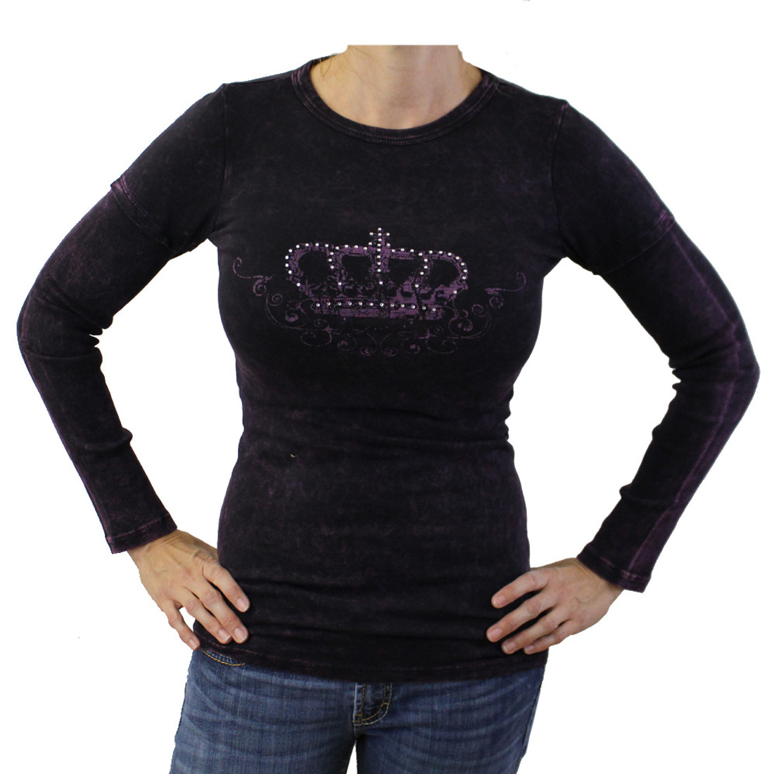 R23 mineral washed purple long sleeved shirt with crown, wings and rhinestones.