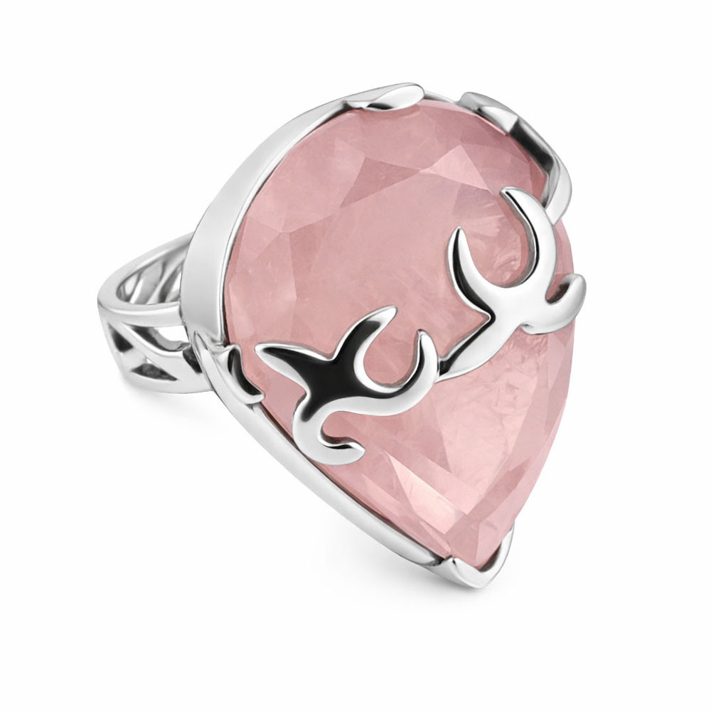 Large Rose Quartz cocktail ring with barbed wire detail.  