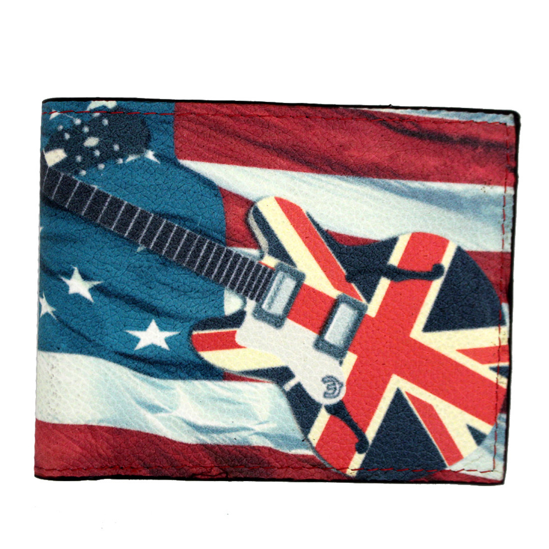 American flag with British guitar on outside of leather wallet.