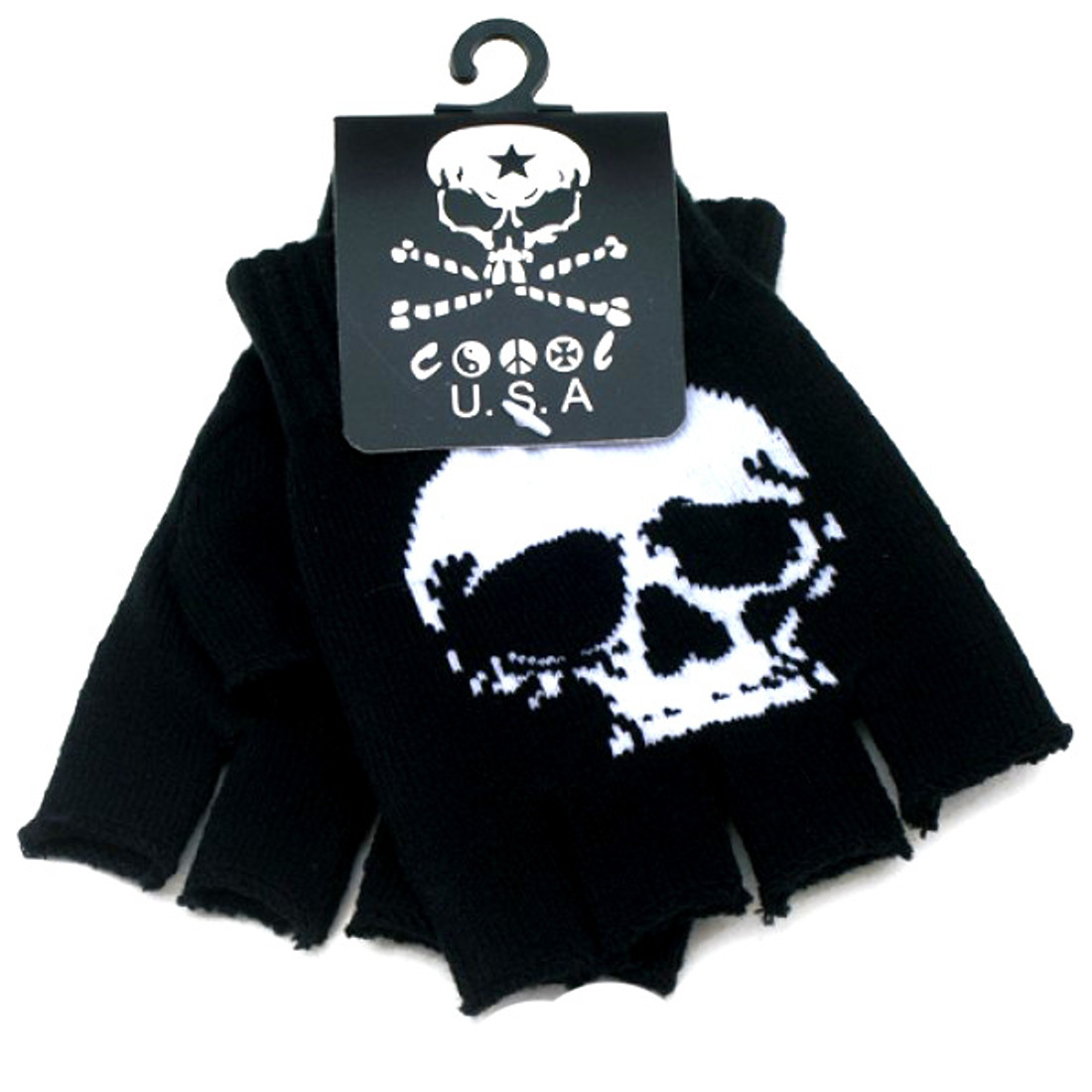 Black knitted fingerless gloves with white skull.