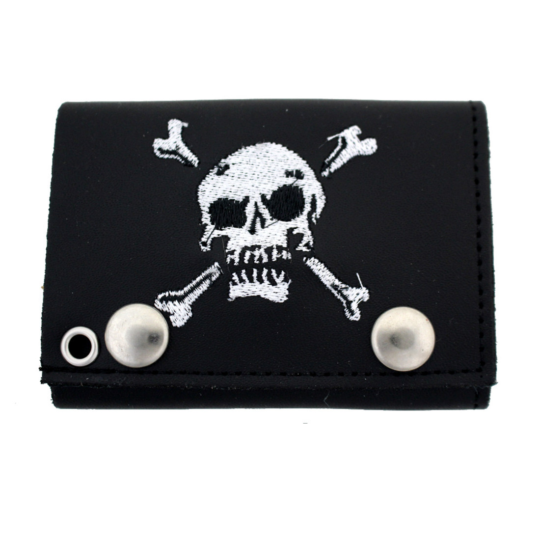 Embroidered skull and crossbones black leather wallet.