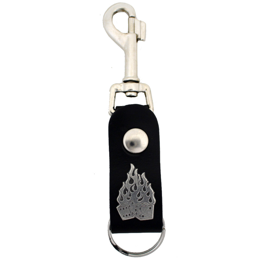 Black leather biker dice and flames key chain.