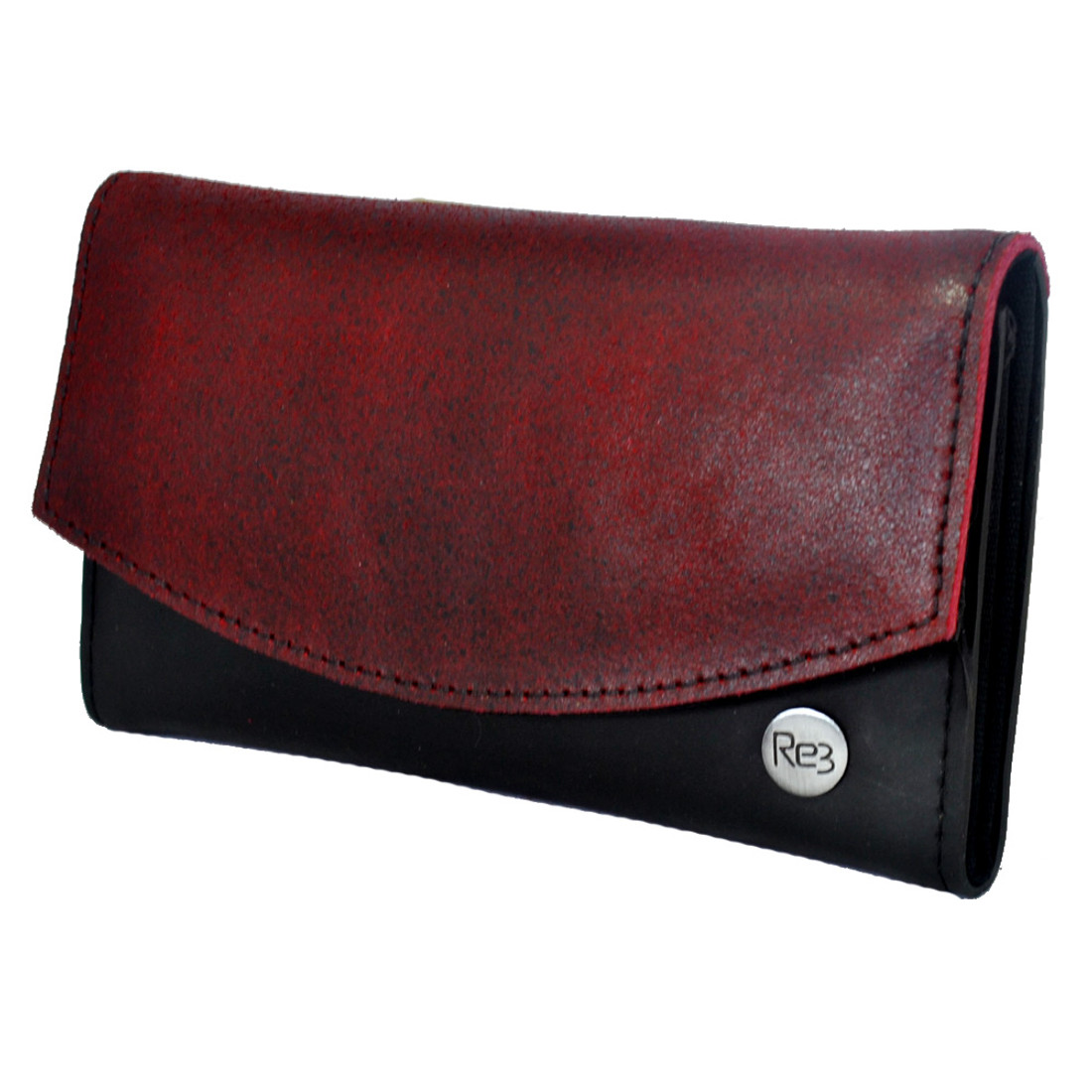 Red distressed leather wallet.