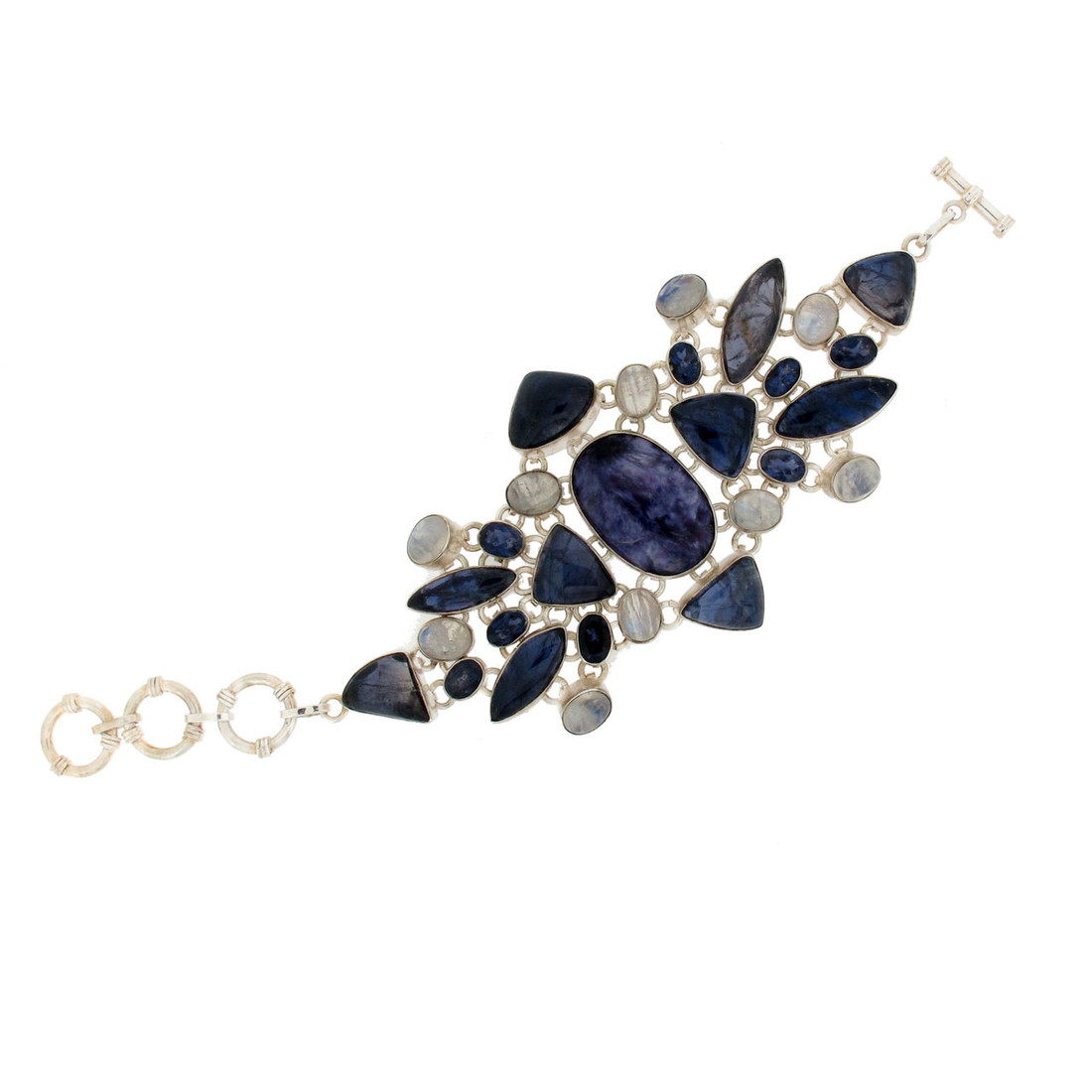 Beautiful large Charoite Moonstone sterling silver bracelet.