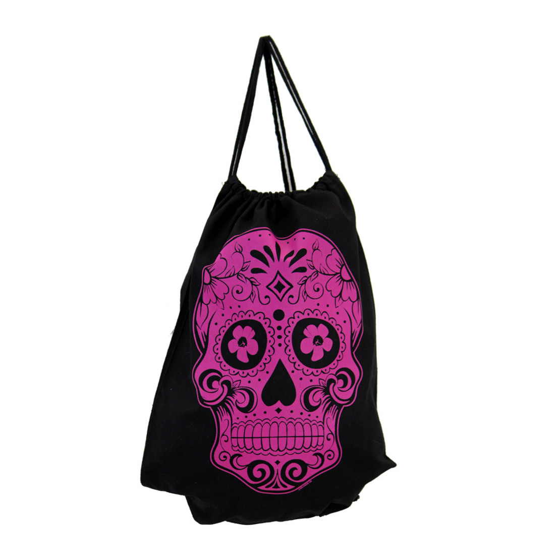 Purple Day of the Dead skull on drawstring backpack sack.