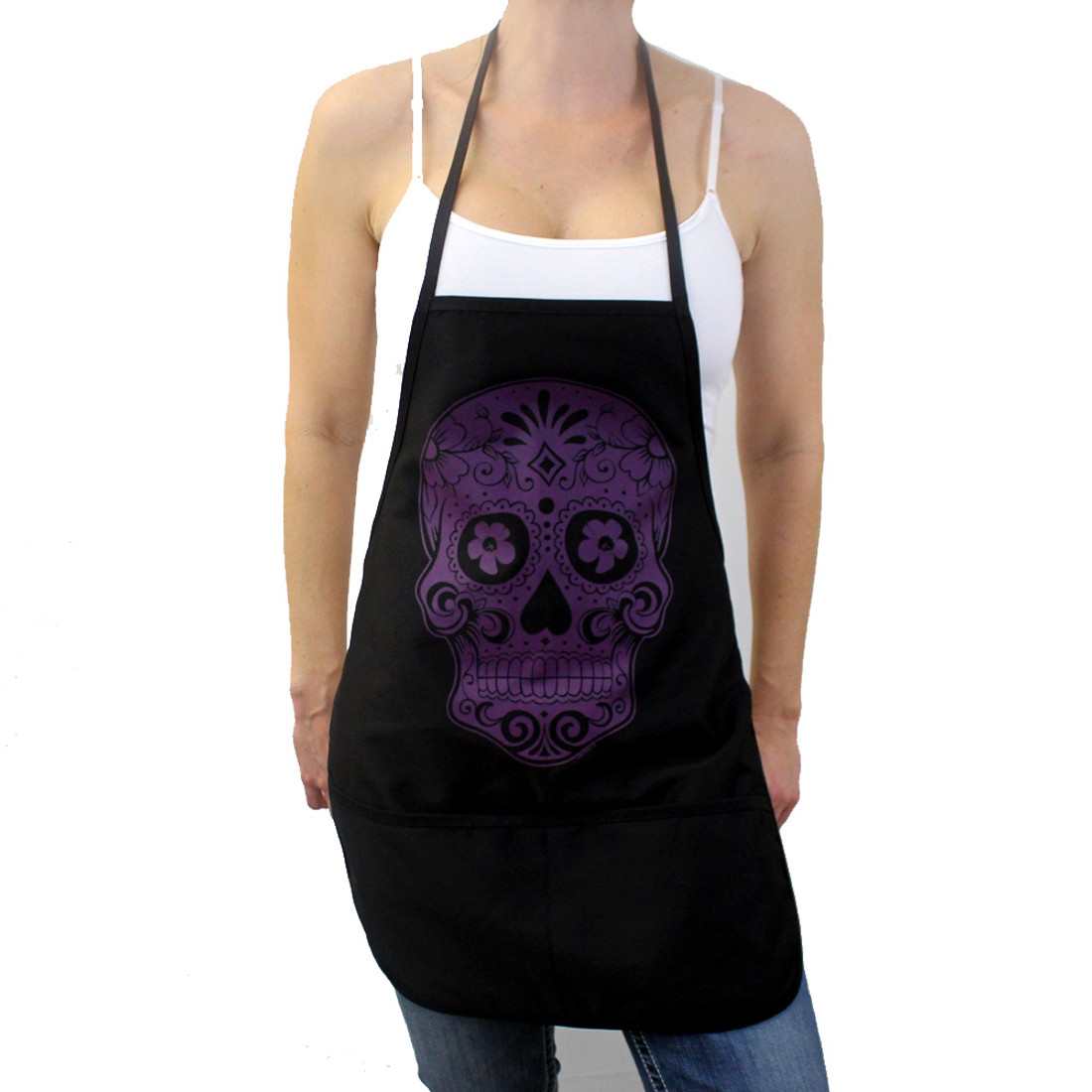 Purple Day of the Dead skull on black apron.