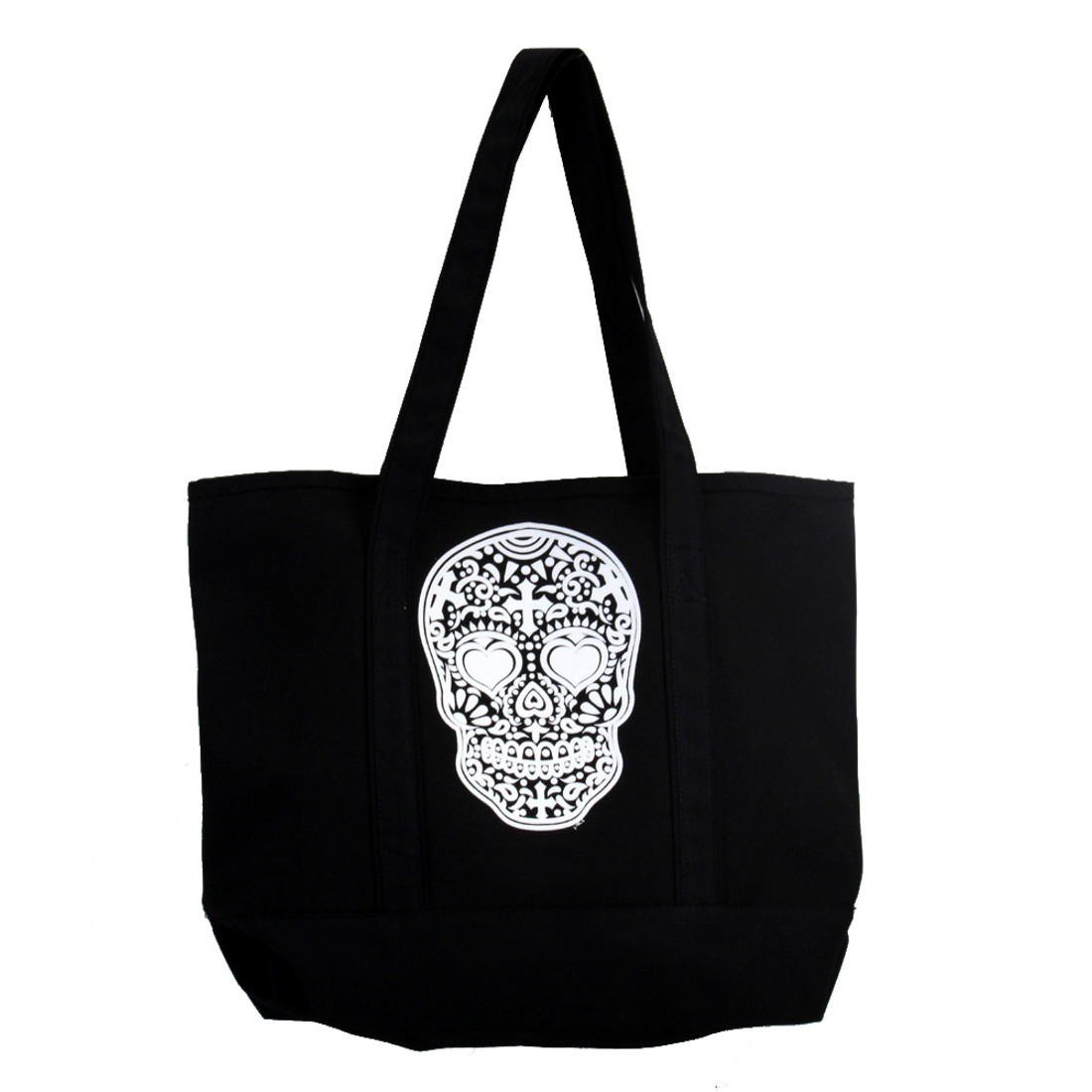 Large tote with white Day of the Dead skull.