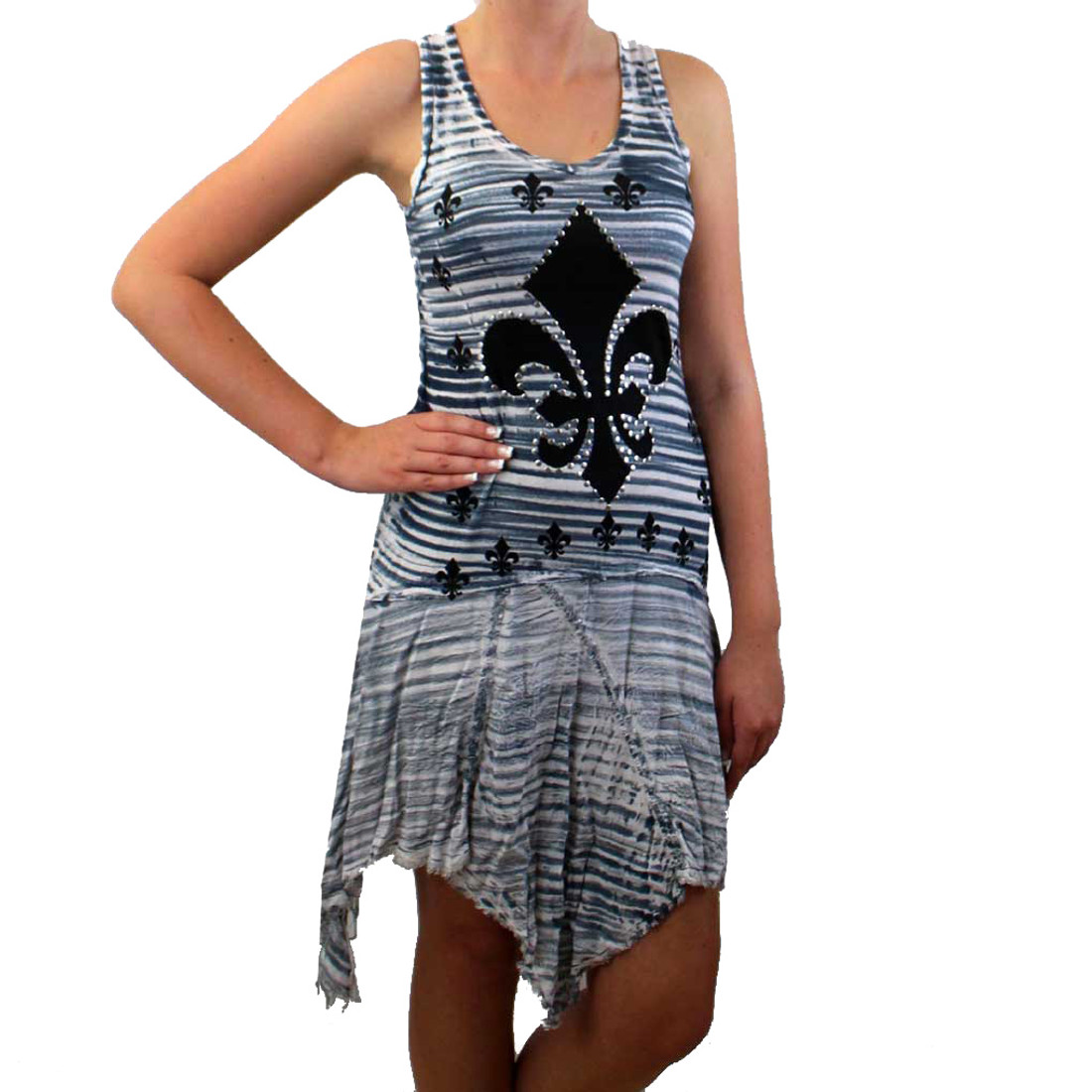 Vocal Apparel Women's Striped Tunic Tank Mini Dress Fleur De Lis Rhinestones