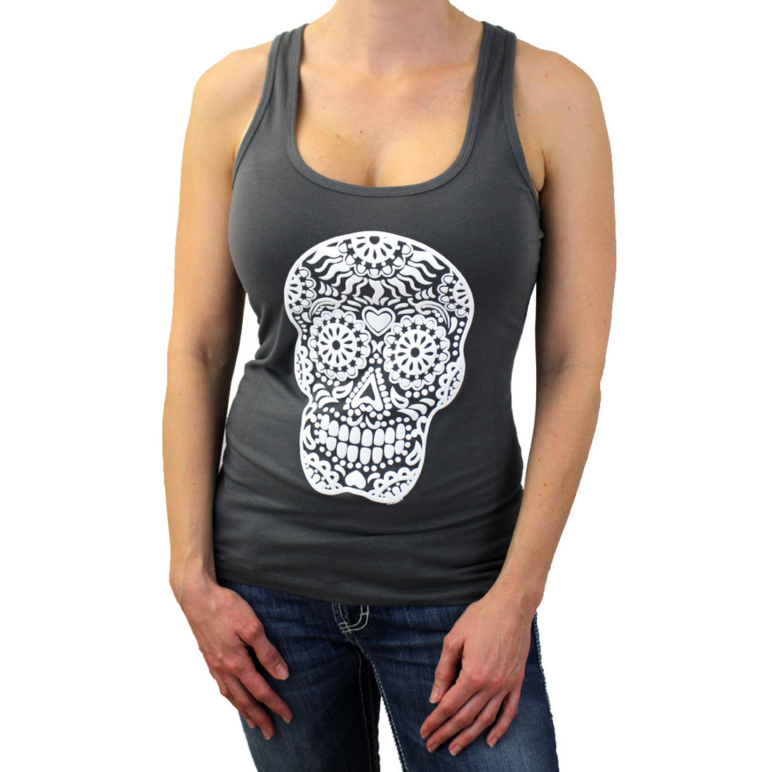 Gray tank top with Day of the Dead skull.