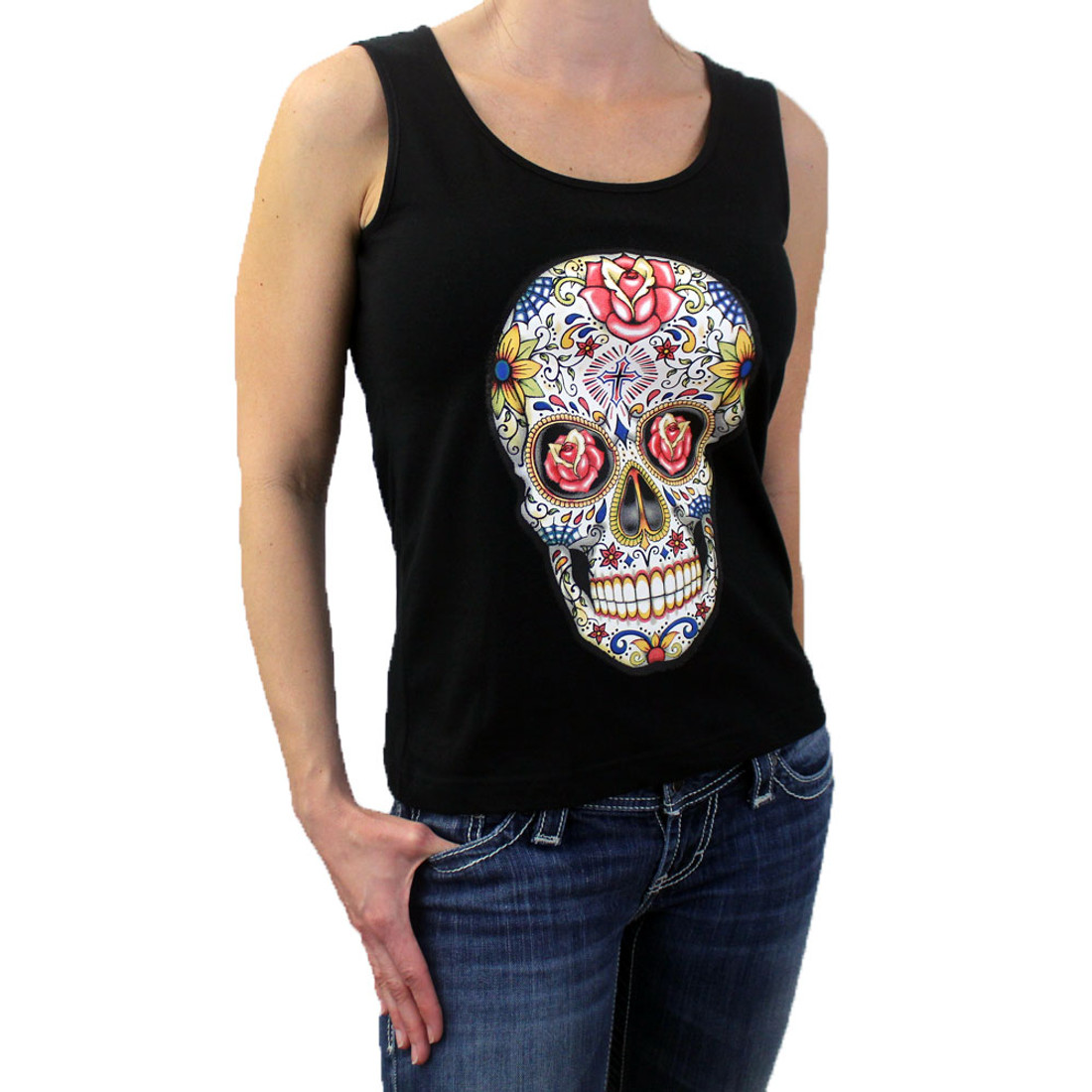 Black tank top with large colorful Day of the Dead skull on front.