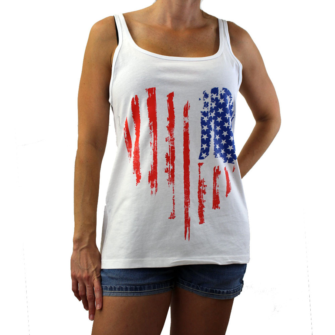 American flag heart on white tank top.