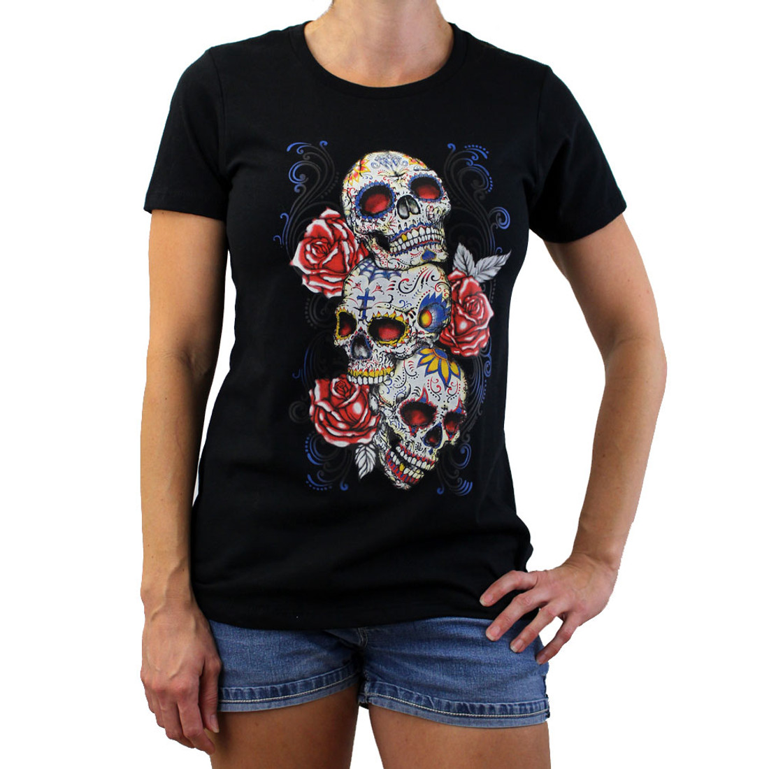 Black tee shirt with 3 Day of the Dead skulls.