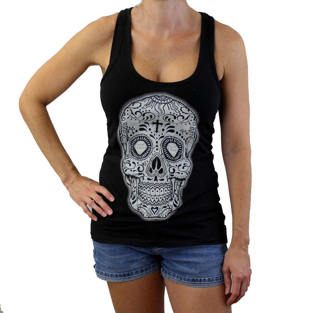 Sugar skull on black racerback tank top.