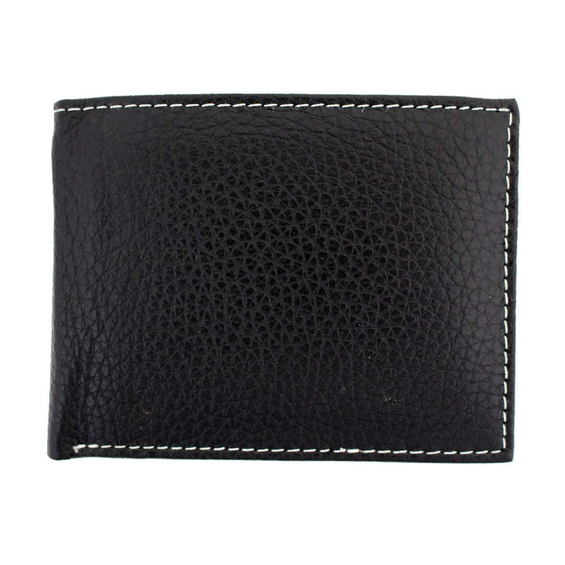 Bifold leather wallet with white stitching.