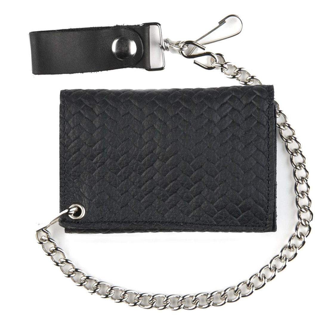 Men's Wallet Black Genuine Leather Basket Weave Chain Tri-Fold