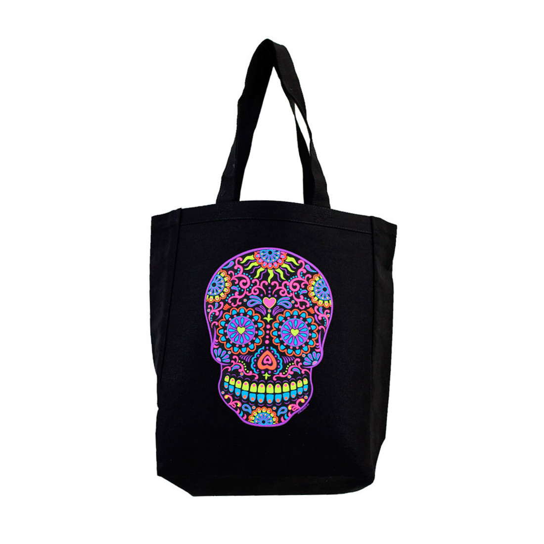 Black Tote Bag Beach Purse with Bright Colorful Day of the Dead Skull