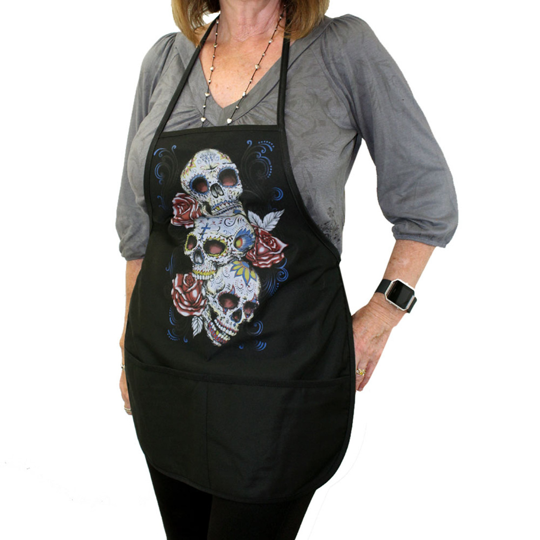 Black Apron with Three Day of the Dead Skulls and Roses Design