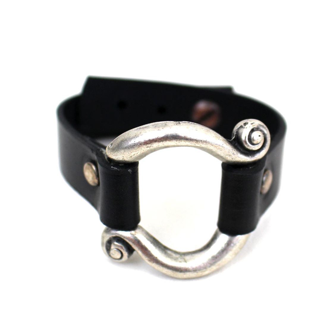 Black leather bracelet with silver pewter swirl design. 