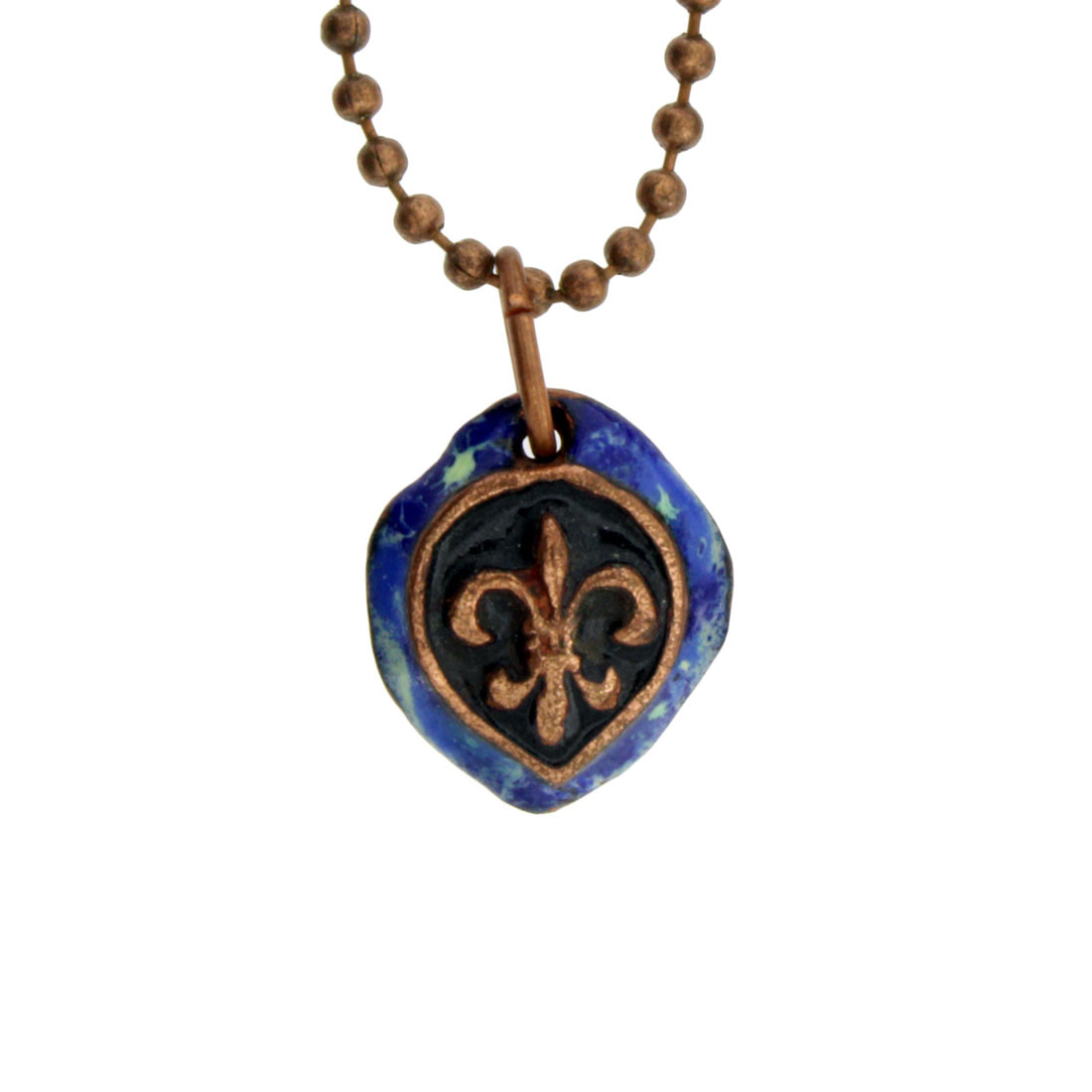 Blue Enamel Copper Metal Fleur de Lis Pendant Necklace