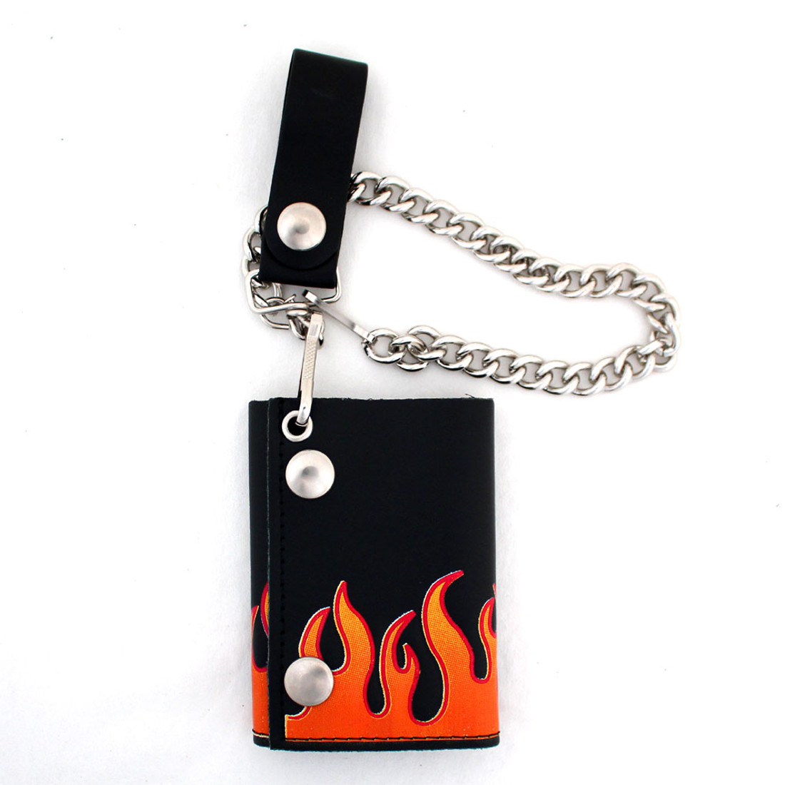 Men's flame wallet with chain front side with chain. 