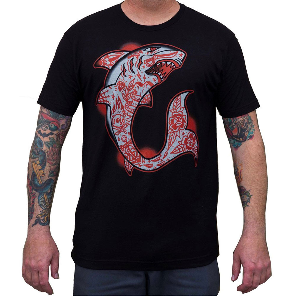 Shark by Adi Men's Black Tattoo Tee Shirt Tattooed Ocean Predator