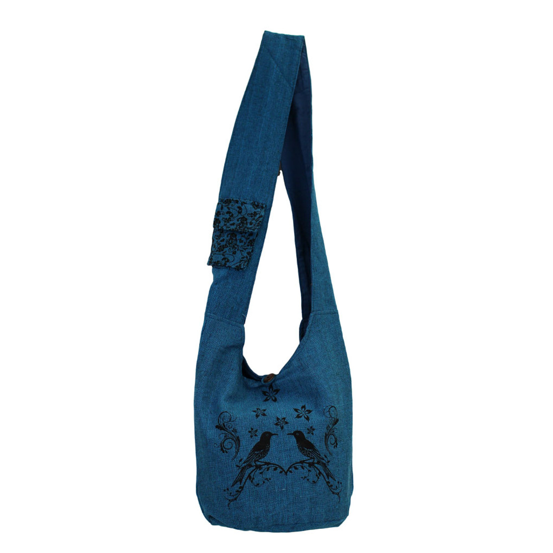 Blue Cotton Sling Bag Purse with Birds Design