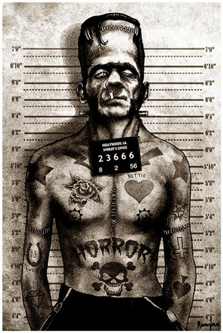 Frankenstein Mugshot by Marcus Jones Screaming Demons Fine Tattoo Art Print