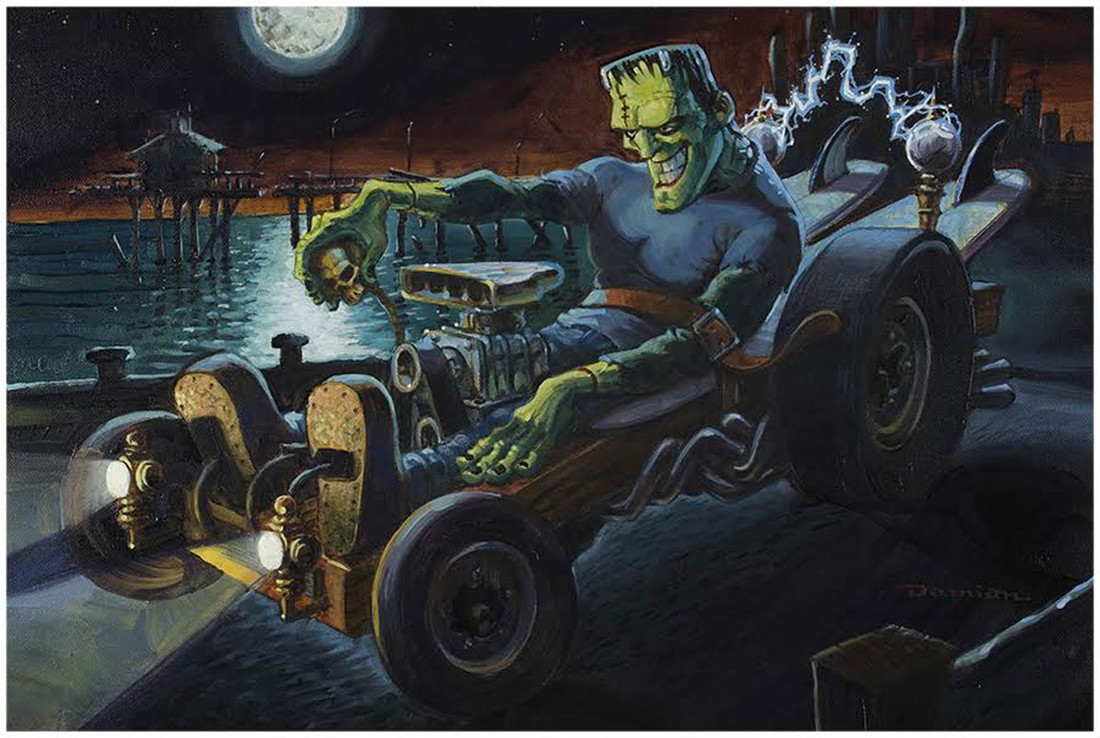 Fully Charged Hot Rod Frankenstein by Damian Fulton Fine Tattoo Art Print