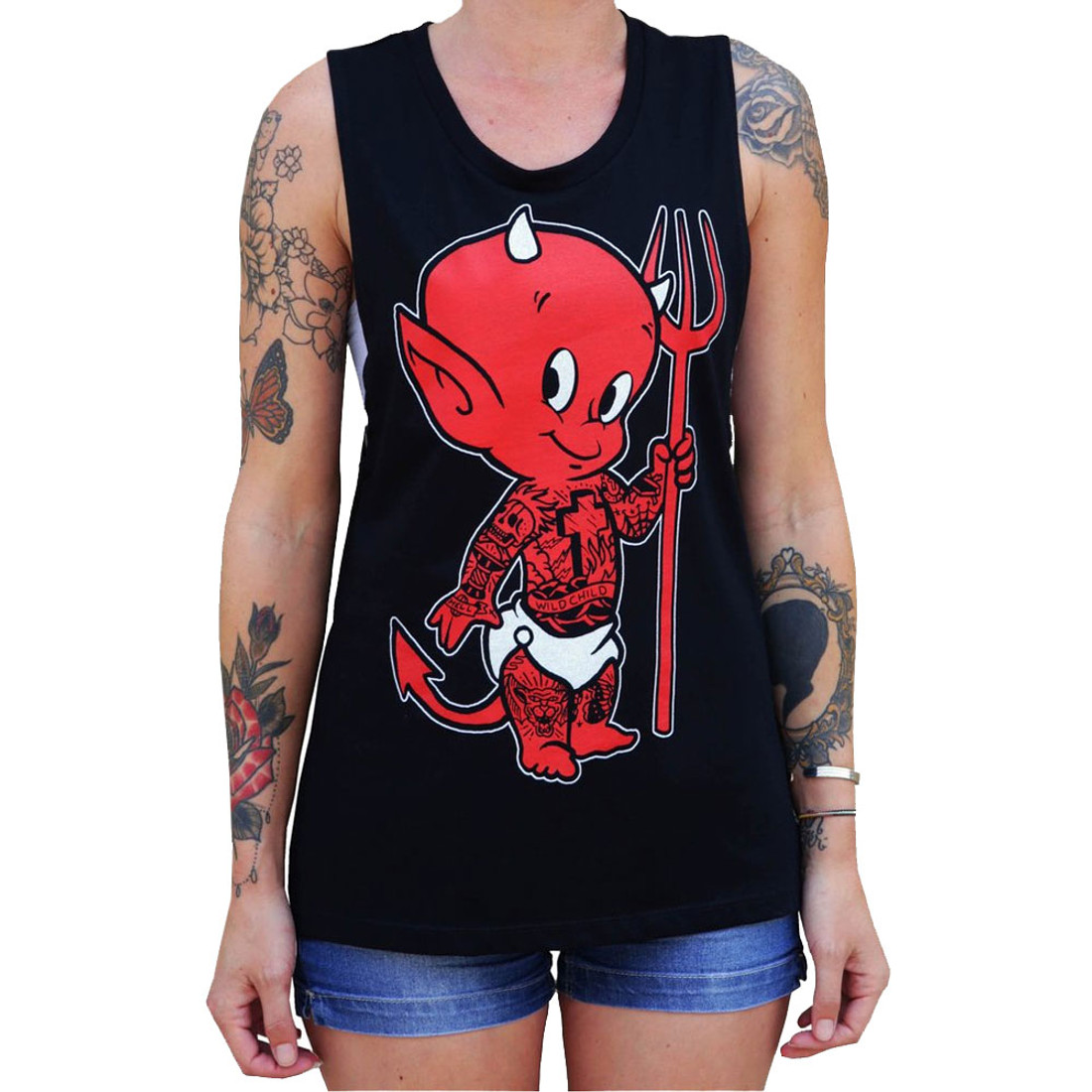 Lil Devil by Adi Women's Tattoo Art Muscle Tee Tank Top Shirt Tattooed Baby Satan