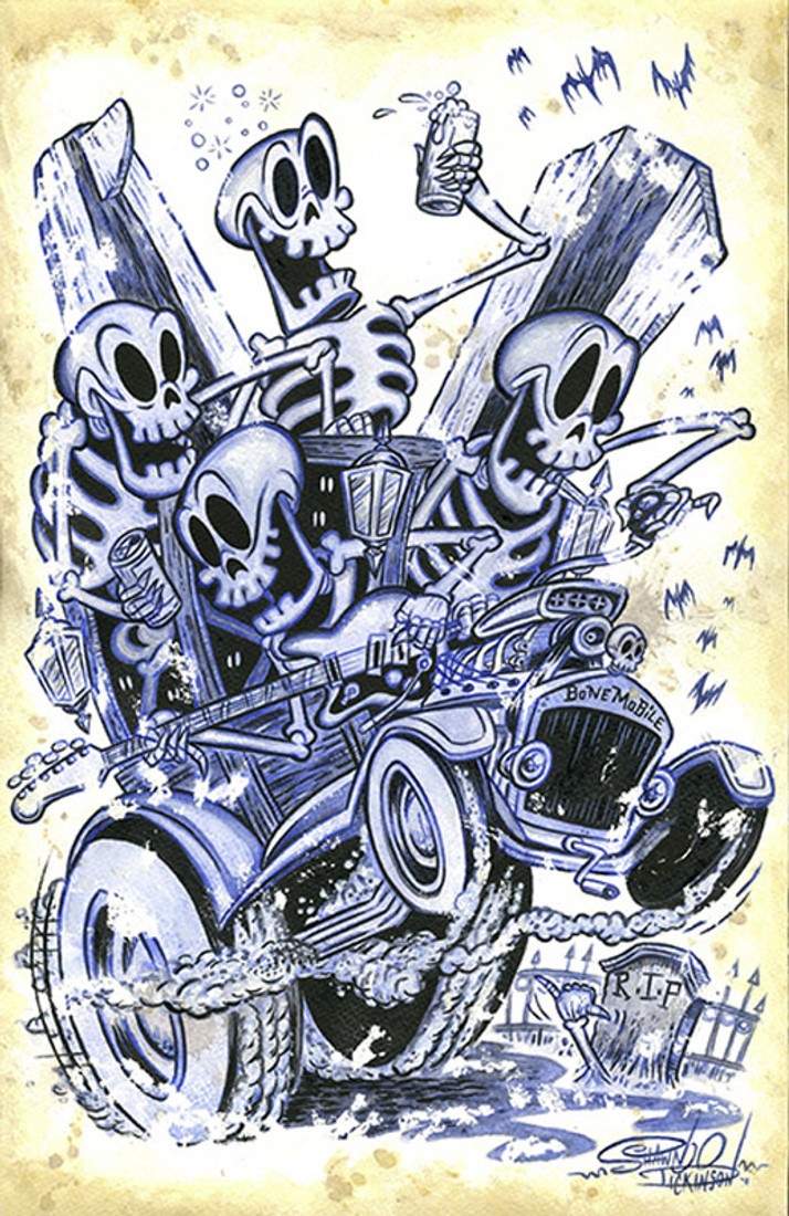 Bone Mobile by Shawn Dickinson Canvas Giclee Tattoo Art Print Hot Rod of Skeletons