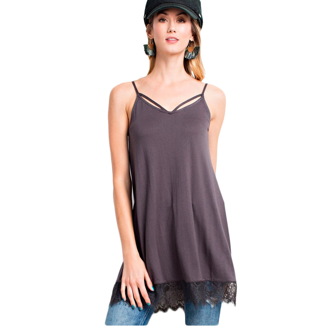 Women's Charcoal Relaxed Fit Tank Top Cami Tunic