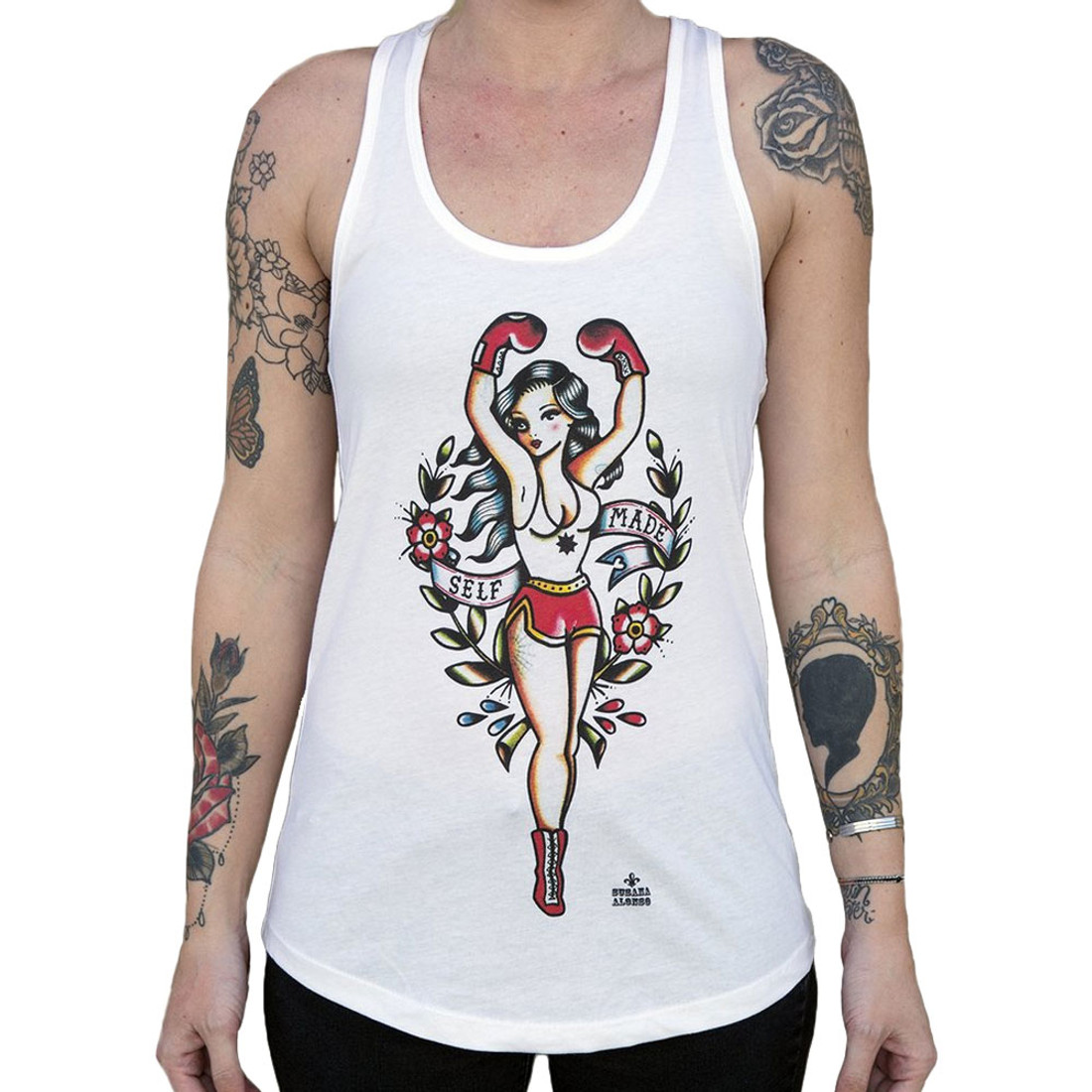 Self Made by Susana Alonso Women's Tattoo Art Racer Back Tank Top Tee Shirt Pin Up Boxing Girl