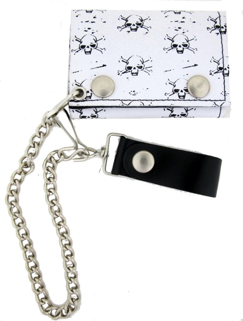 Men's White Leather Chain Wallet Trifold Skull and Crossbones Biker Billfold