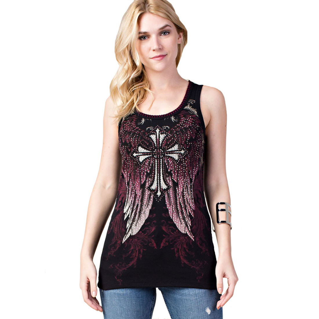 Vocal Apparel Black Tank Top Shirt with Cross and Wings