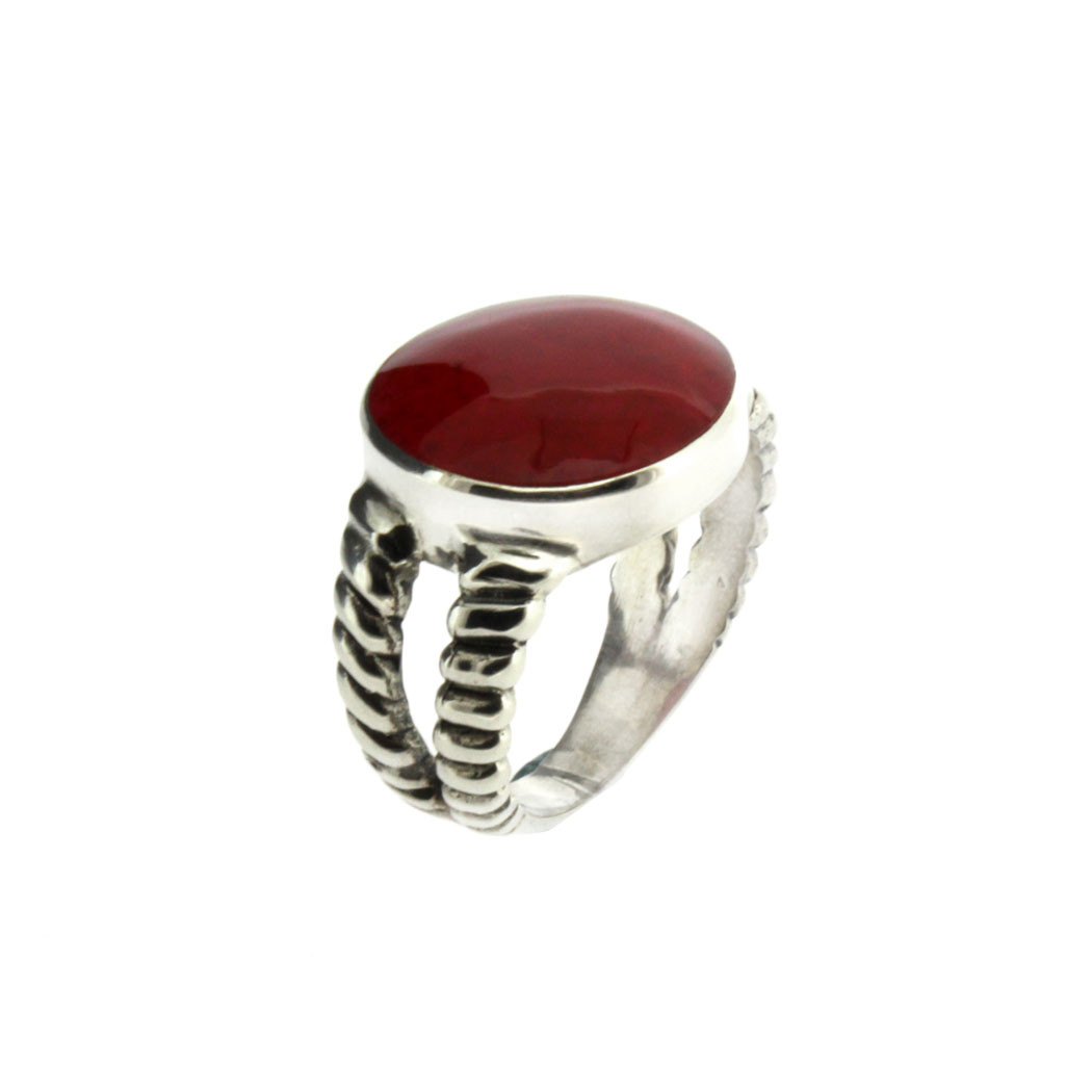 Red Round Coral Sterling Silver Ring