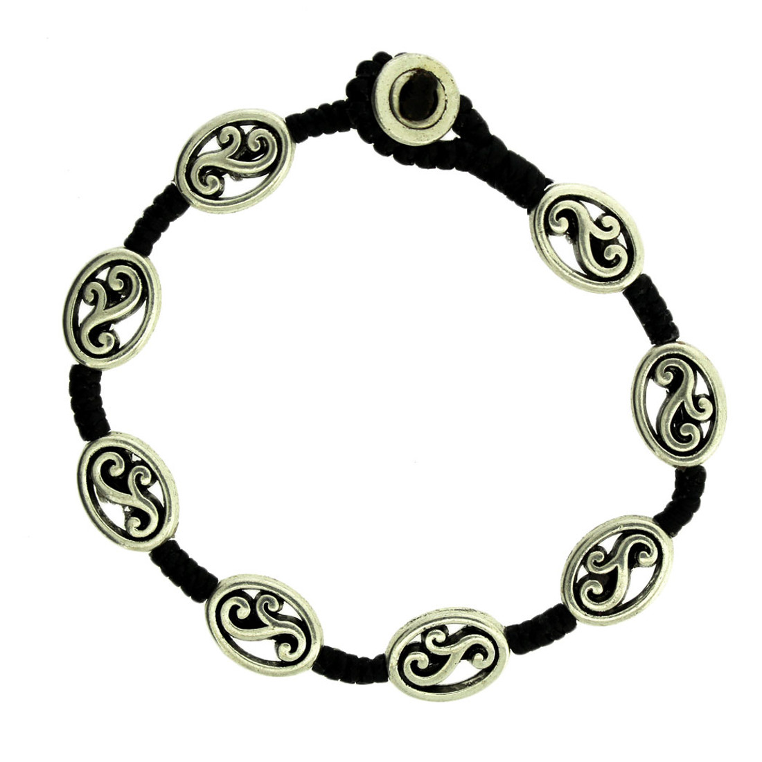 Swirl Design Beaded Silver Alloy Bracelet Wrist Jewelry Waxed Linen Wristband