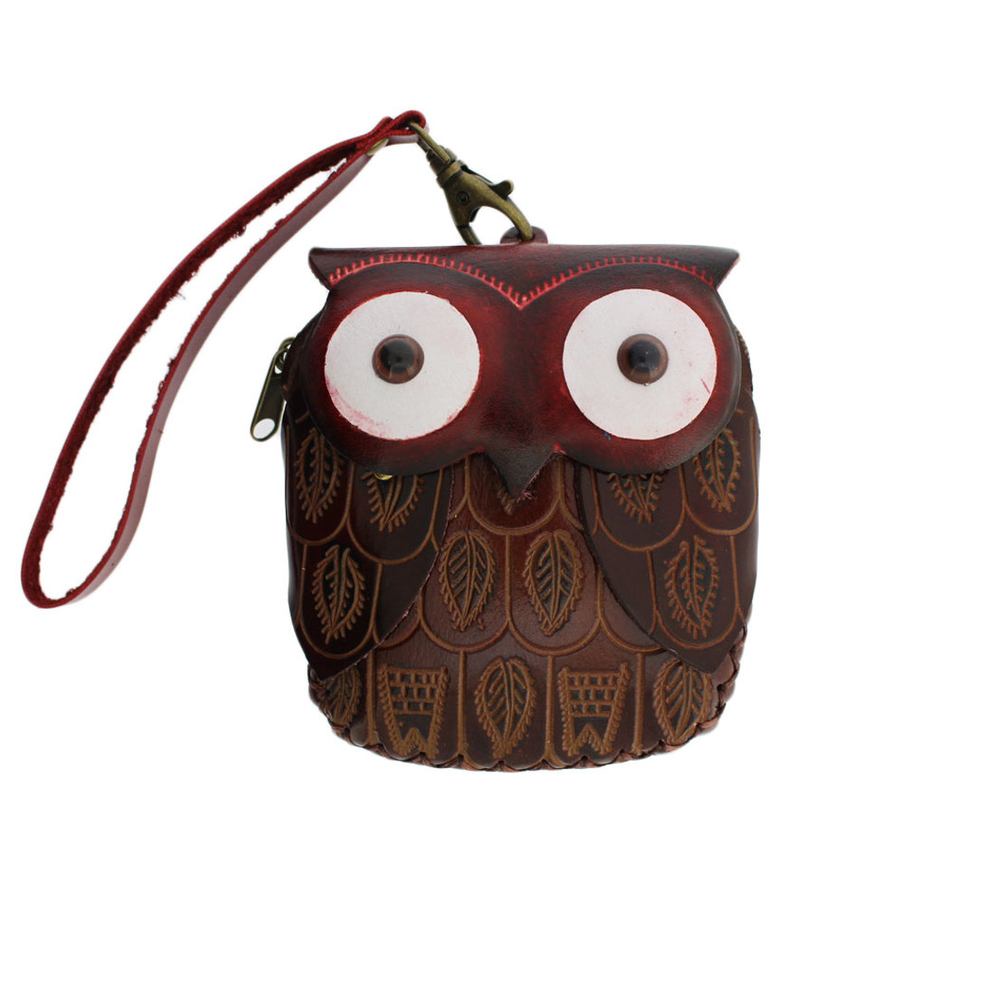 Brown Leather Owl Wristlet or  Coin Purse with Strap