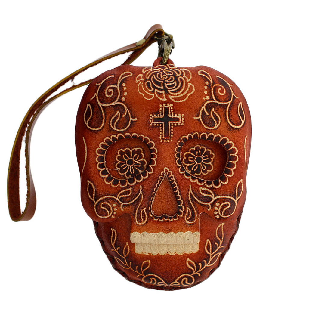 Brown Leather Day of the Dead Skull Wristlet or  Coin Purse with Strap