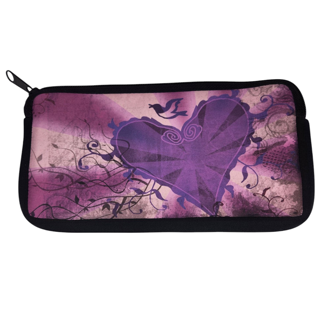 Light purple mauve heart and dove bird neoprene pencil case. 