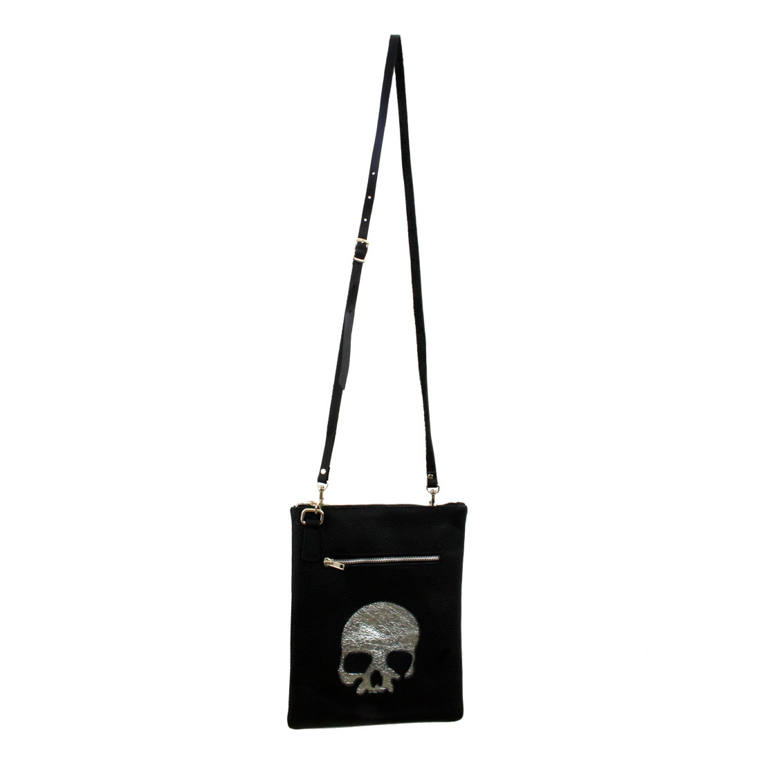 Black Leather Shoulder Bag Purse with Silver Skull on front. 