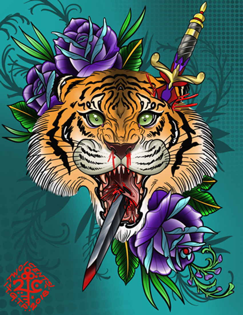 Impalement by 2 Cents Tiger and Purple Roses Canvas Giclee Tattoo Art Print