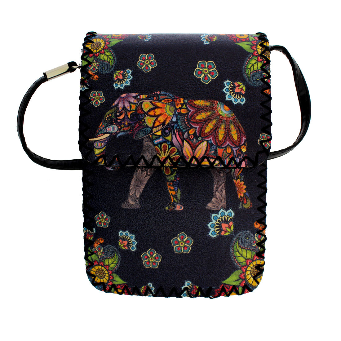 Black Small Crossbody Purse with Colorful Floral Elephant Design Bohemian Style